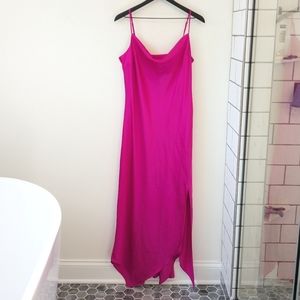 Express Barbie Hot Pink Asymmetric Hem Maxi Length Satin Slip Side Slit Dress